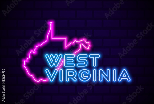 west virginia US state glowing neon lamp sign Realistic vector illustration Blue brick wall glow