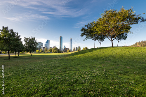 Skyline of buildings at Vitacura and Providencia districts from Parque Bicentenario, Santiago de Chile