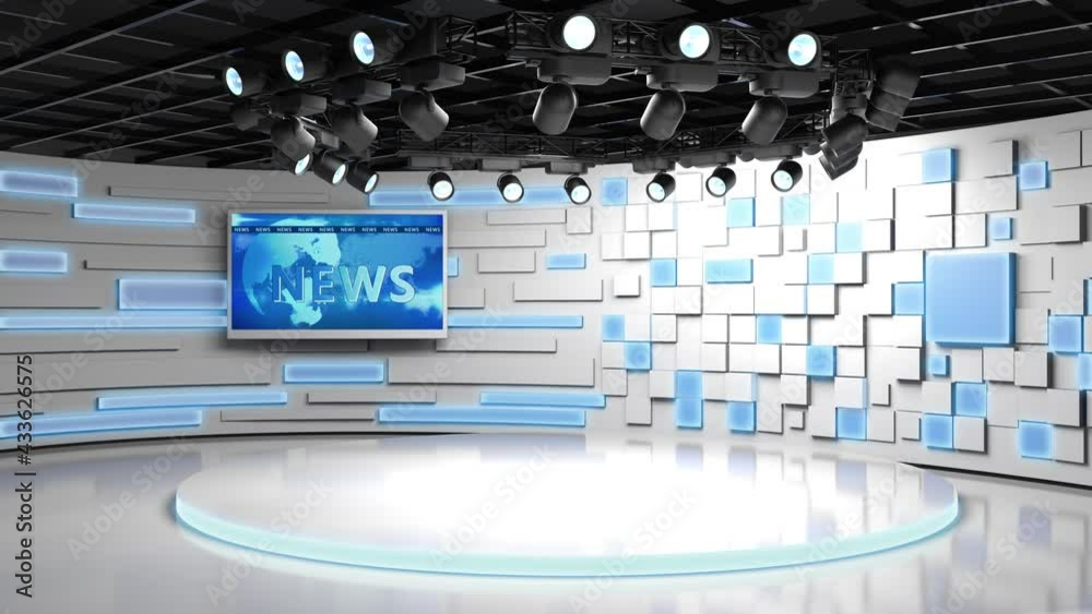 Tv studio. News room. Blye and red background. General and close-up shot. News Studio. Studio Background. Newsroom bakground. The perfect backdrop for any green screen or chroma key video production