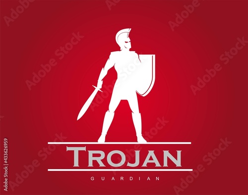 White Trojan warrior silhouette holding sword and shield on red background