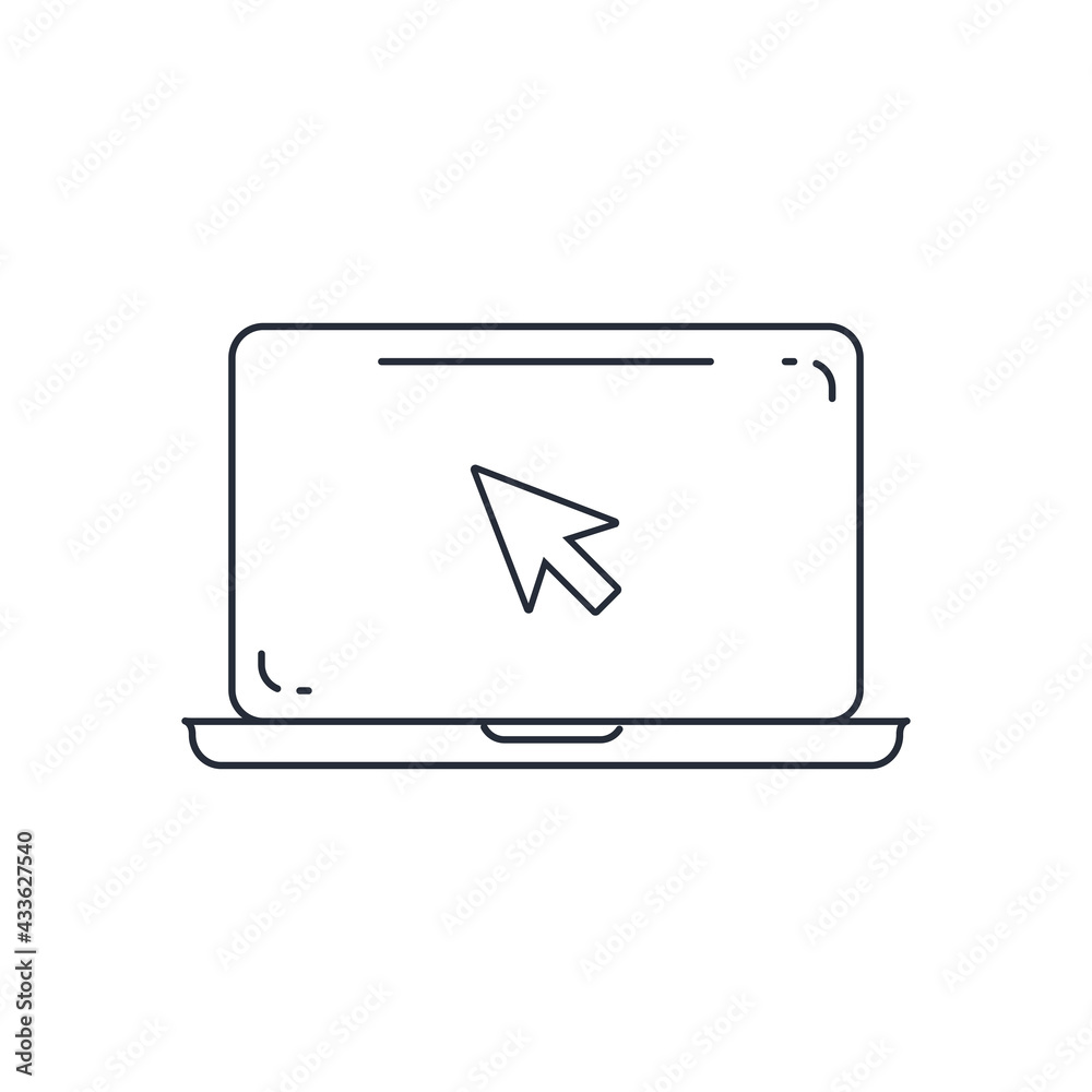 Click in laptop vector icon illustration. Laptop with pointer or cursor icon isolated. Notebook screen template. Display