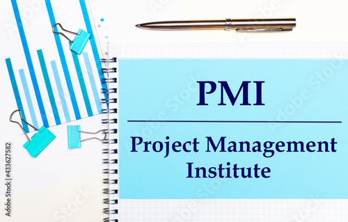 On a light background - light blue diagrams, paper clips and a sheet of paper with the text PMI Project Management Institute. View from above. Business concept