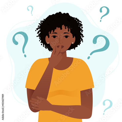 Thinking african woman with question marks. Flat cartoon style vector illustration