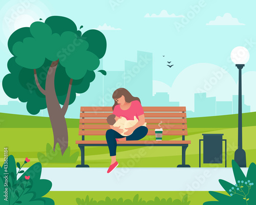 Mother breastfeeds baby sitting on a bench at the park. Vector illustration in flat style