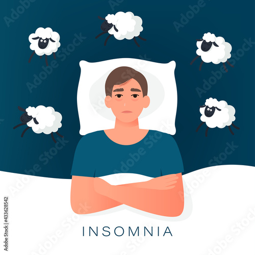 Man trying to fall asleep counting sheep. Insomnia cause of mental problems, insomniac ideas. Vector illustration in flat style