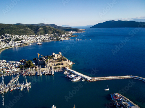 Amazing panoramic view from drone of Bodrum harbour and ancient Kalesi castle in Turkey