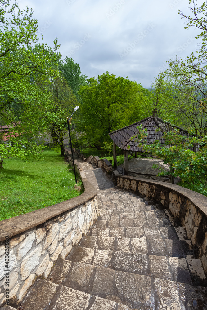 Beautiful courtyard of ancient Martvili monastery in Georgia
