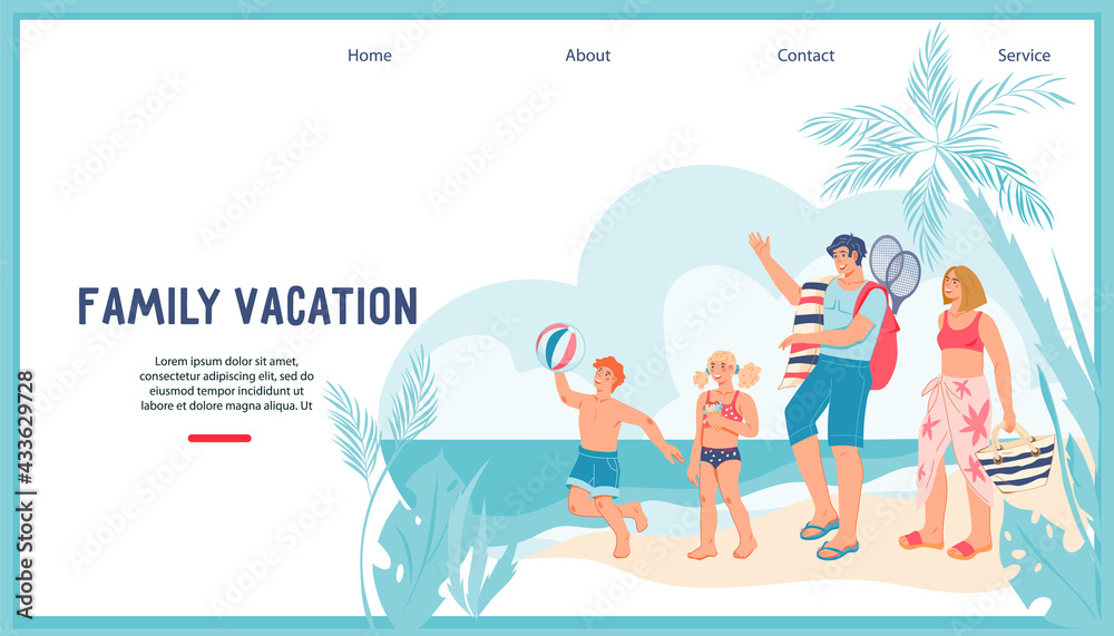 Family vacation website banner template with happy family on the beach, flat vector illustration. Family summer vacation web page or landing page interface for  travel agency or resort.