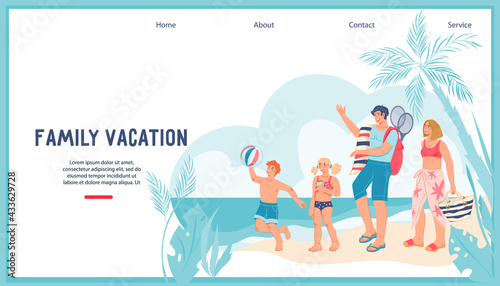 Family vacation website banner template with happy family on the beach, flat vector illustration. Family summer vacation web page or landing page interface for travel agency or resort.