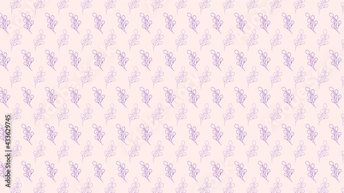 Pattern background with hand-drawn leaves in purple and white colors