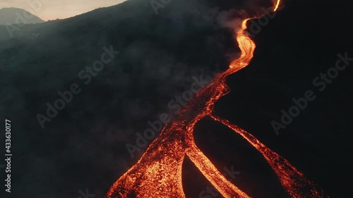 Lava rivers from Pacaya volcano eruption in Guatemala. Drone Aerial Sunrise Shot photo