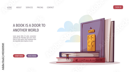 Book with door. Bookstore, bookshop, library, book lover, bibliophile, education concept. Vector illustration for poster, banner, website.