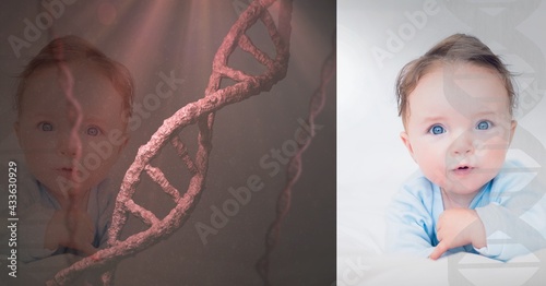 Caucasian baby with blue eyes on a digital dna red background concept