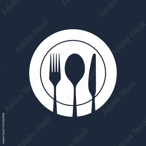 Spoon, fork and knife on the plate. Cutlery isolated sign on black background. Restaurant menu symbol. Vector illustration
