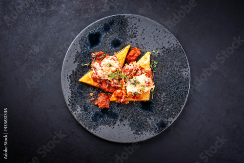 Modern style traditional Italian polenta alla sarda con salsiccia with meat sausage served as top view on a Nordic design plate with copy space