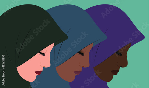 Arabic women in hijab praying from UAE or Saudi arabia and Africa. Sad young beautiful muslim girls in traditional abaya background