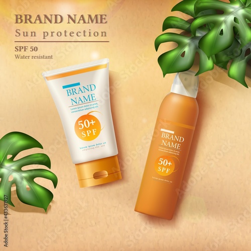 Vector summer sunscreen protection banner with sunscreen bottles on the sand  with sunbeams and tropical leaves. 