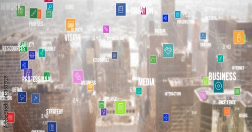 Composition of network of digital icons and text over cityscape in background