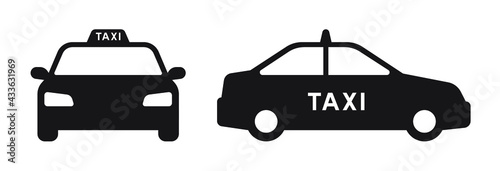 Taxi car silhouette icons, front and side view flat pictogram designs, Vector illustration.