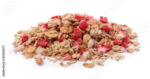 Pile of granola on white background. Healthy snack
