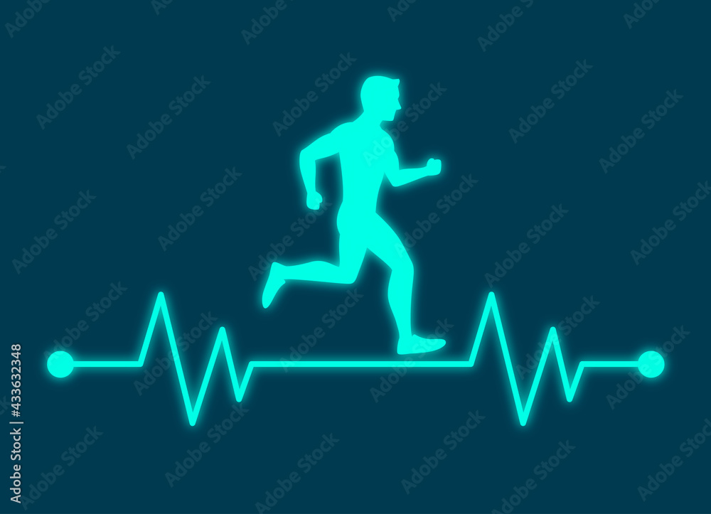 Running man with line ecg heartbeat, Healthy cardio heart stronger, Simple flat design icon symbol, Isolated on white background, Vector illustration Running man with line ecg heartbeat, Healthy cardio heart stronger, Simple flat design icon symbol, Isolated on white background, Vector illustration
