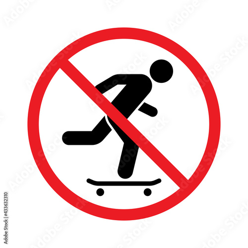 No skateboarding prohibition sign, Forbidden symbol sticker for area places, Banned activities, Isolated on white background, Flat design vector illustration