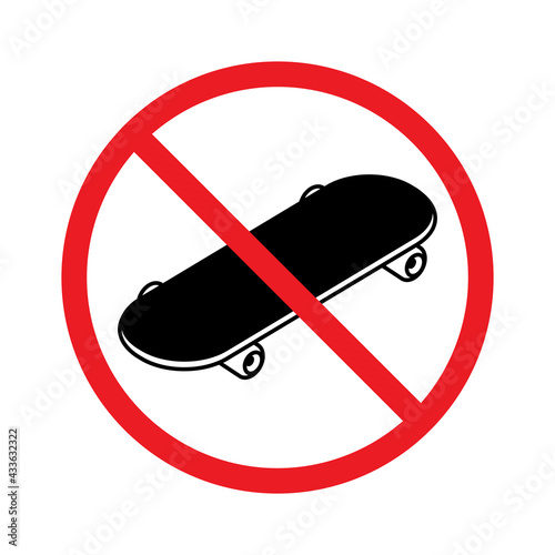 No skateboarding prohibition sign, Forbidden symbol sticker for area places, Banned activities, Isolated on white background, Flat design vector illustration
