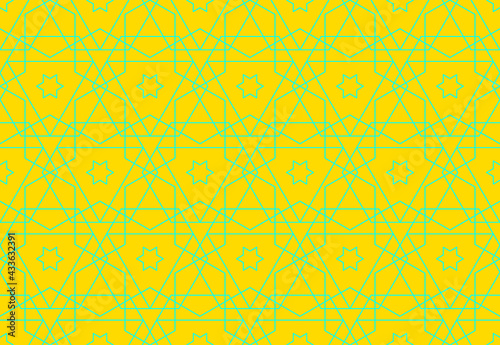 Mosaic seamless pattern with geometric star ornament in Islamic style.Girih yellow-mint background.Vector illustration photo