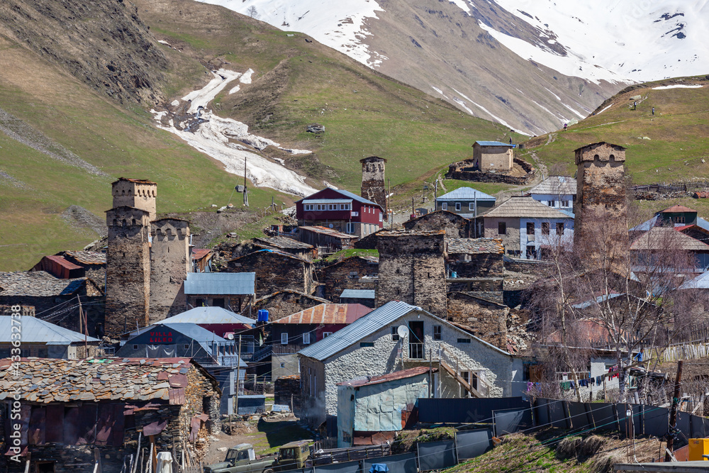 Rock towers and old houses in Ushguli, Georgia