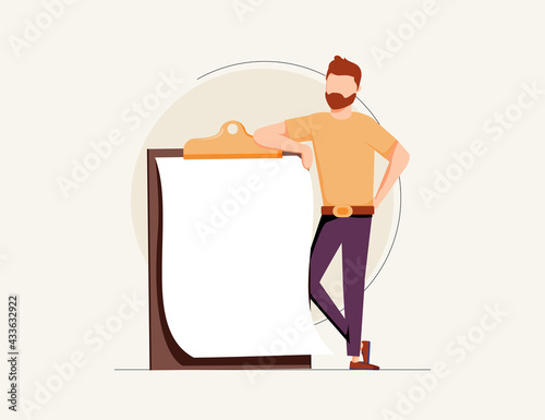Business Character Hold Blank Banner Card. Happy Creative Man Show Empty Billboard Message. Businessman Advertising