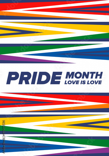LGBTQIA Pride Month in June. Lesbian Gay Bisexual Transgender. Celebrated annual. LGBT flag. Rainbow love concept. Human rights and tolerance. Poster, card, banner and background. Vector illustration