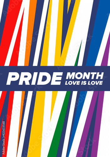 LGBTQIA Pride Month in June. Lesbian Gay Bisexual Transgender. Celebrated annual. LGBT flag. Rainbow love concept. Human rights and tolerance. Poster, card, banner and background. Vector illustration