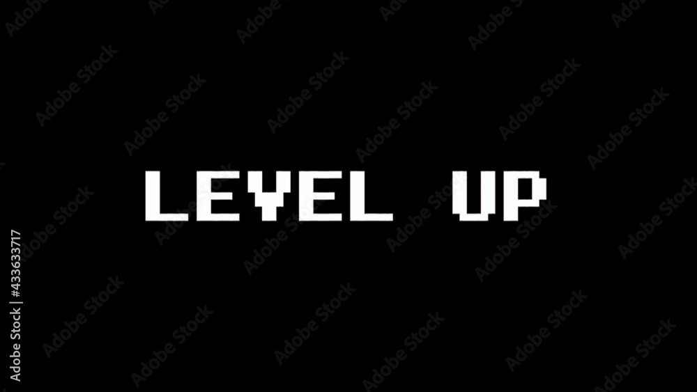 Level up text with bad signal. Glitch effect. 4k video. Level up text with bad signal. Glitch effect. 4k video.