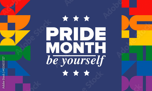 LGBTQIA Pride Month in June. Lesbian Gay Bisexual Transgender. Celebrated annual. LGBT flag. Rainbow love concept. Human rights and tolerance. Poster, card, banner and background. Vector illustration