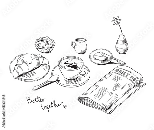 Breakfast arrangement with  newspaper isolated on white, line art vector illustration