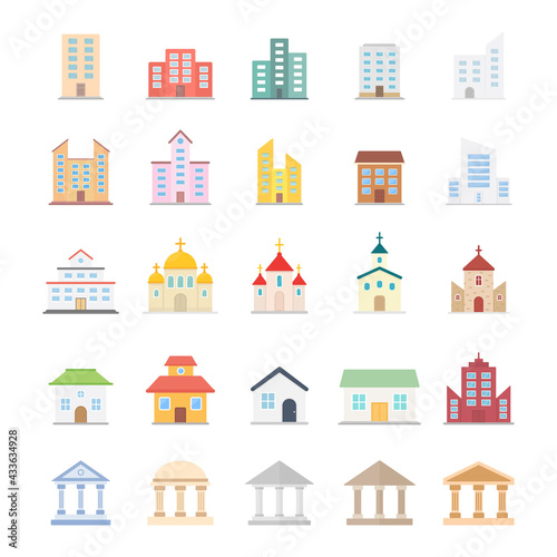 Building icon large set. Houses, churches, museums and universities. Modern buildings and estate symbol colorful collection. Vector isolated on white