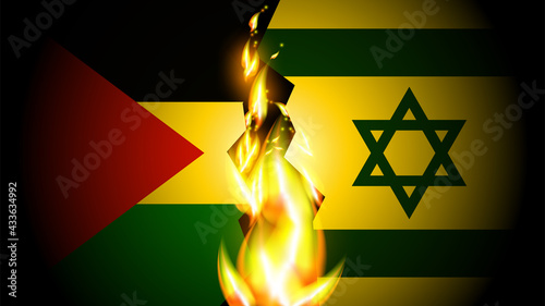 The Israeli-Palestinian conflict escalates into a war. Flame between flags
