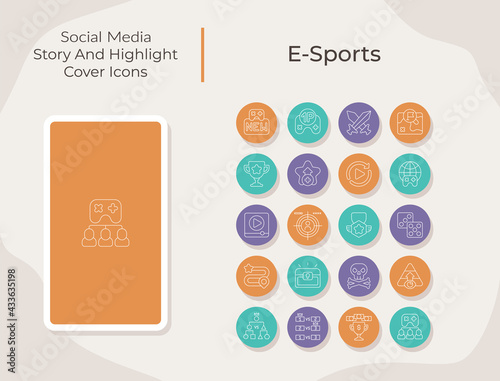 E sports social media story and highlight cover icons set. E game tournament. Cyber player. Trendy template for bloggers. White linear pictograms collection. Thin line drawings pack for branding