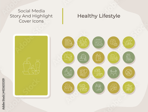Healthy lifestyle social media story and highlight cover icons set. Fitness and diet. Trendy template for bloggers. White linear pictograms collection. Thin line drawings pack for branding