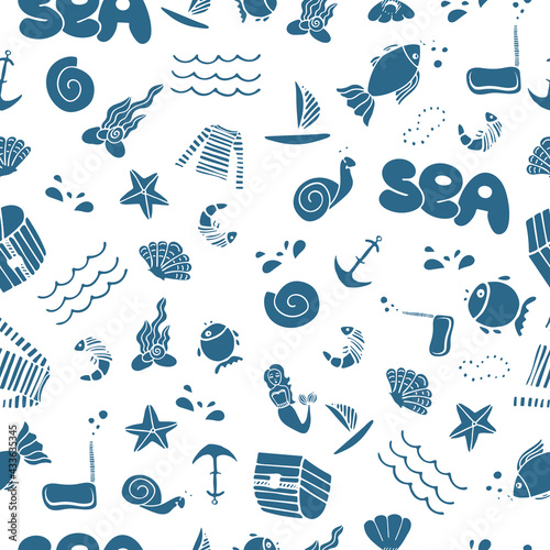 Marine seamless pattern. Summer vibes. Vector colored sea illustration on white background.
