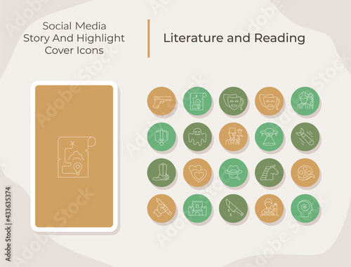 Literature and reading social media story and highlight cover icons set. Movie genres. Trendy template for bloggers. White linear pictograms collection. Thin line drawings pack for branding