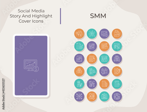 SMM social media story and highlight cover icons set. Content engagement. SEO agency. Trendy template for bloggers. White linear pictograms collection. Thin line drawings pack for branding