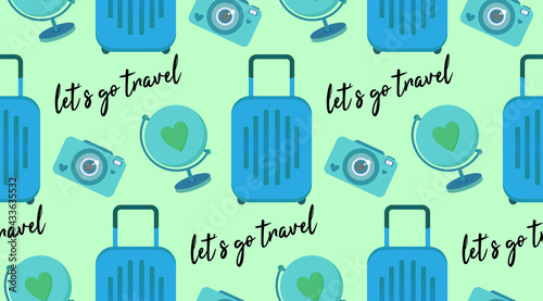 Vector seamless pattern with travel clip art set of objects - luggage bag, globe, instant photo camera, text lets go travel. Cute background design in simple flat style. Backdrop for travel, tourism.