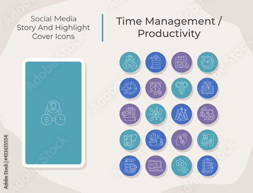 Time management and productivity social media story and highlight cover icons set. Project task. Trendy template for bloggers. White linear pictograms collection. Thin line drawings pack for branding