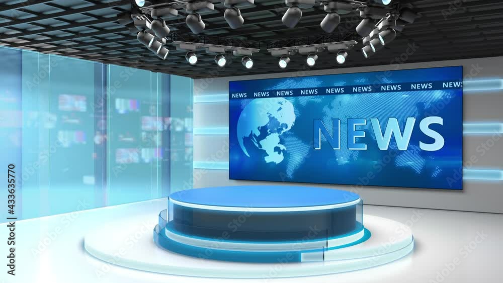 Tv studio. News room. Blye and red background. General and close-up shot. News Studio. Studio Background. Newsroom bakground. The perfect backdrop for any green screen or chroma key video production