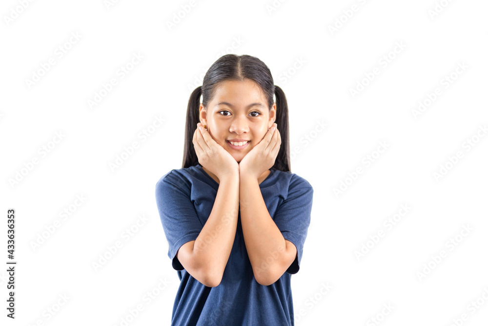 Portrait of asian children smiling with hand on her chin isolted in clipping path. Portrait of asian children smiling with hand on her chin isolted in clipping path.