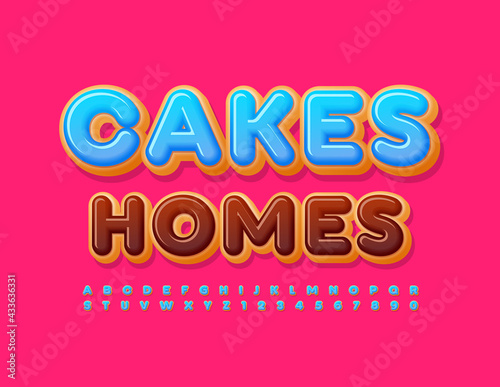 Vector business logo Cake Bakery. Blue frosted Alphabet Letters and Numbers set. Sweet Donut Font