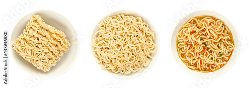 Instant ramen, in white bowls. Dried block of instant noodles, noodles soaked in boiling water, and a freshly prepared cup of soup with vegetable taste and seasonings. Isolated over white food photo.