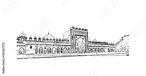 Building view with landmark of Fatehpur is the city in India. Hand drawn sketch illustration in vector.