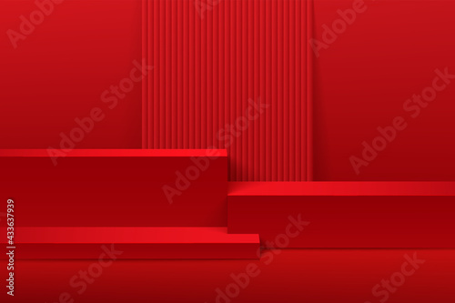 Modern red cube shape steps pedestal podium. Red minimal wall scene with vertical line texture in shadow. Vector rendering 3d shape, Product display presentation. Abstract room. Platform design.